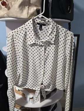 Forever 21 White Button-Down Shirt with Black Polka Dots